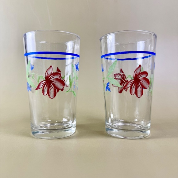 KIG Other - Set of 2 - Vintage KIG Indonesia Floral Highball Glasses – Blue Rim
